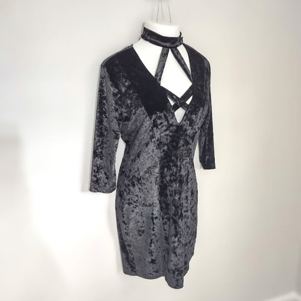 Vintage K+Glam 90s Y2K Black Crushed Velvet Goth Dress 1X - Picture 2 of 13